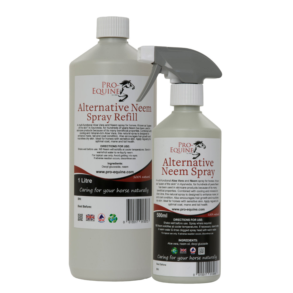 Image of a 500ml bottle of neem horse spray and a 1 litre bottle of refill
