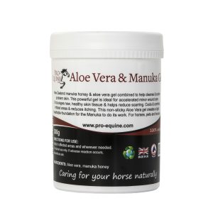 A pot of Pro-Equine Aloe Vera and Manuka gel for horse wound care and skin healing treatment