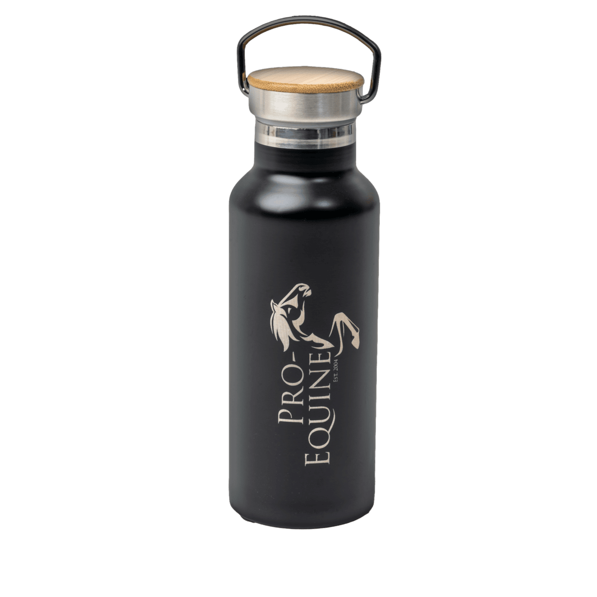 1. Stainless steel black thermos with Pro-Equine logo, perfect for horse riding enthusiasts and equine care professionals.