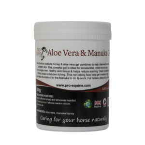 Aloe Vera & Manuka Gel for horses, natural wound healing and skin care. Promotes healthy skin, reduces scarring, itching, and irritation. Suitable for horse, pet, and human use. UK-made.