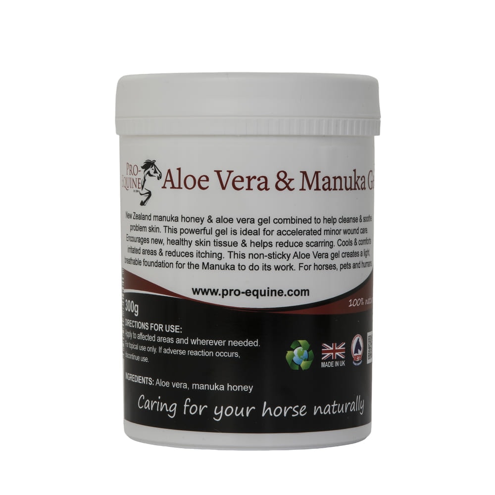 Aloe Vera & Manuka Gel for horses, natural wound healing and skin care. Promotes healthy skin, reduces scarring, itching, and irritation. Suitable for horse, pet, and human use. UK-made.