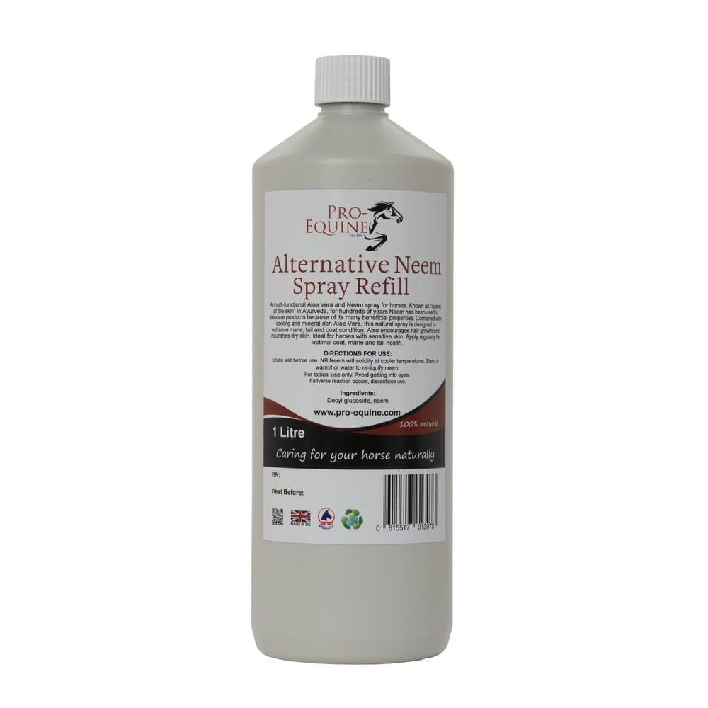 Alternative Neem Spray Refill for horses, natural equine versatile aloe vera and neem formula for skin support, 1 litre size.