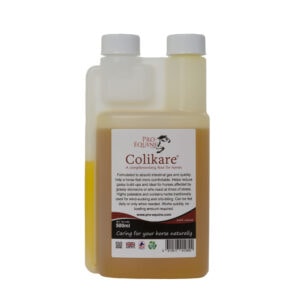 Pro-Equine Colikare supplement for horses, formulated to absorb gas, reduce gassiness, and improve comfort, suitable for stressed or gassy horses.