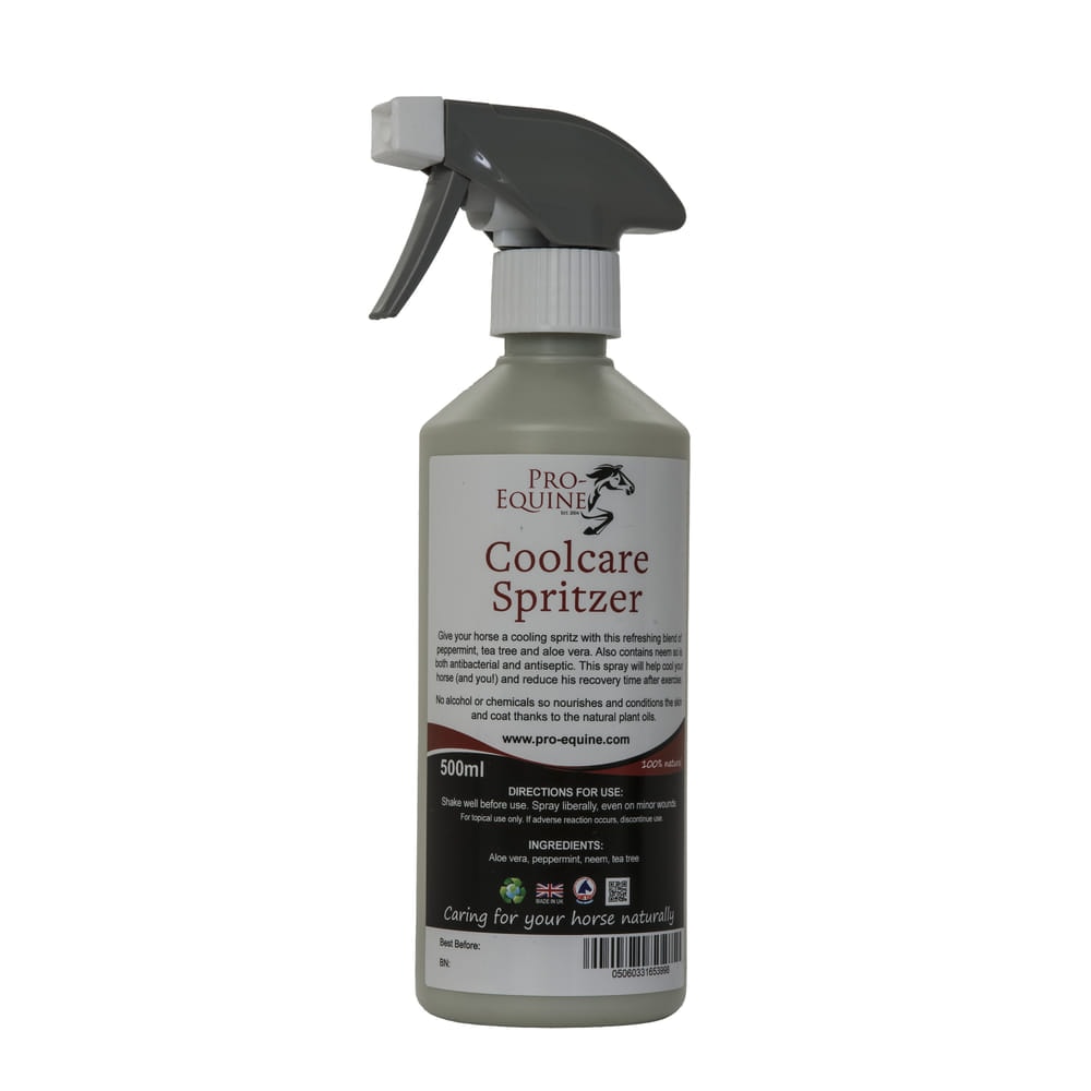 Eco-friendly horse cooling spray with aloe vera, peppermint, tea tree, and neem for soothing and refreshing horses, supports recovery, ideal for equine health and grooming.