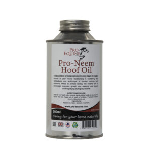 Natural hoof oil for horses, contains neem and botanical oils, hydrates and protects hooves, promotes healthy growth, prevents cracking and weather damage.