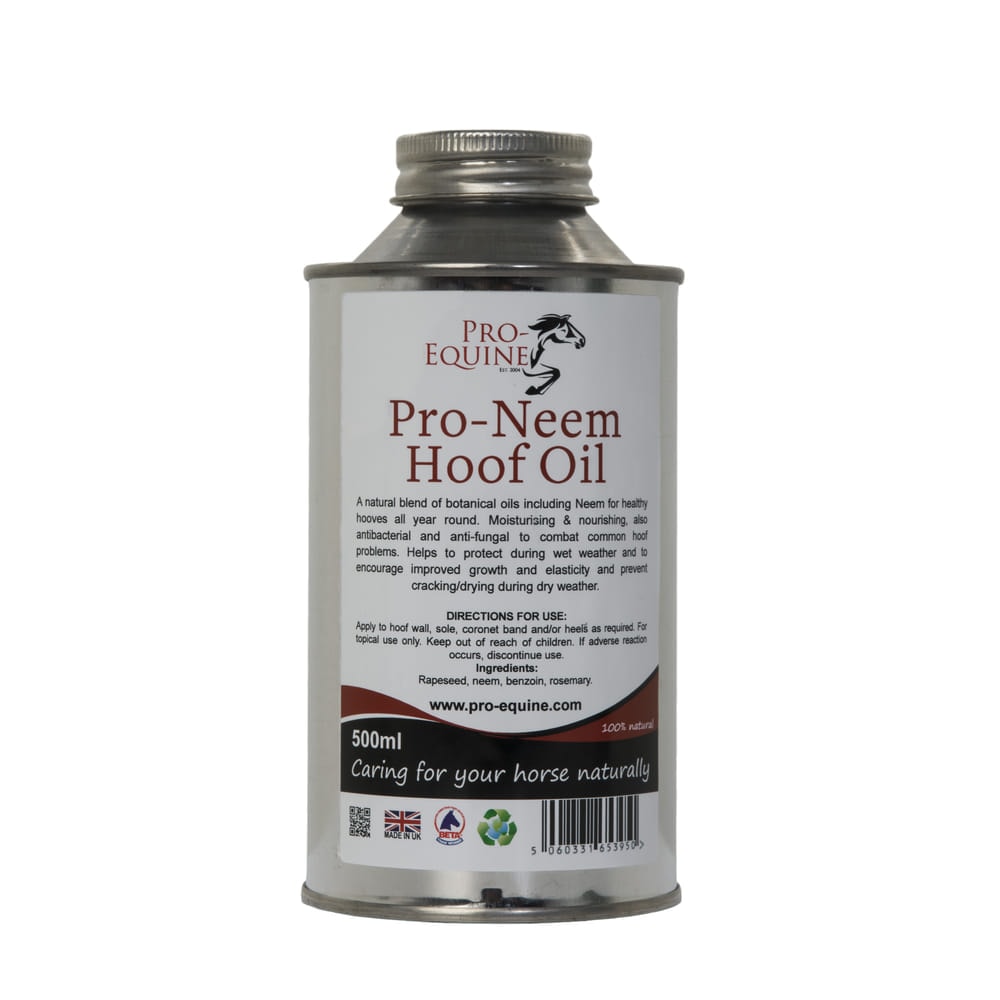 Natural hoof oil for horses, contains neem and botanical oils, hydrates and protects hooves, promotes healthy growth, prevents cracking and weather damage.