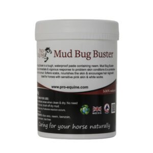 Natural Horse Skin Care Mud Bug Buster paste for skin conditions, soothing scabs, nourishing skin, and promoting hair regrowth. Suitable for sensitive pink skin and white socks.