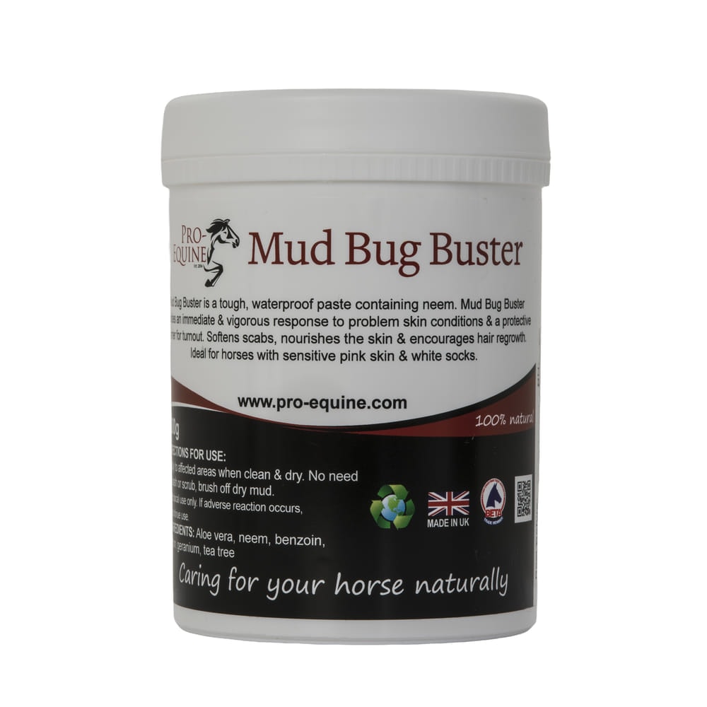 Natural Horse Skin Care Mud Bug Buster paste for skin conditions, soothing scabs, nourishing skin, and promoting hair regrowth. Suitable for sensitive pink skin and white socks.