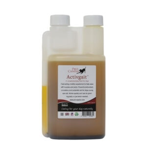 Natural dog mobility supplement Pro-Equine Activgait to support joints, muscles, and overall health, suitable for young and old dogs, with antioxidant and circulatory benefits.