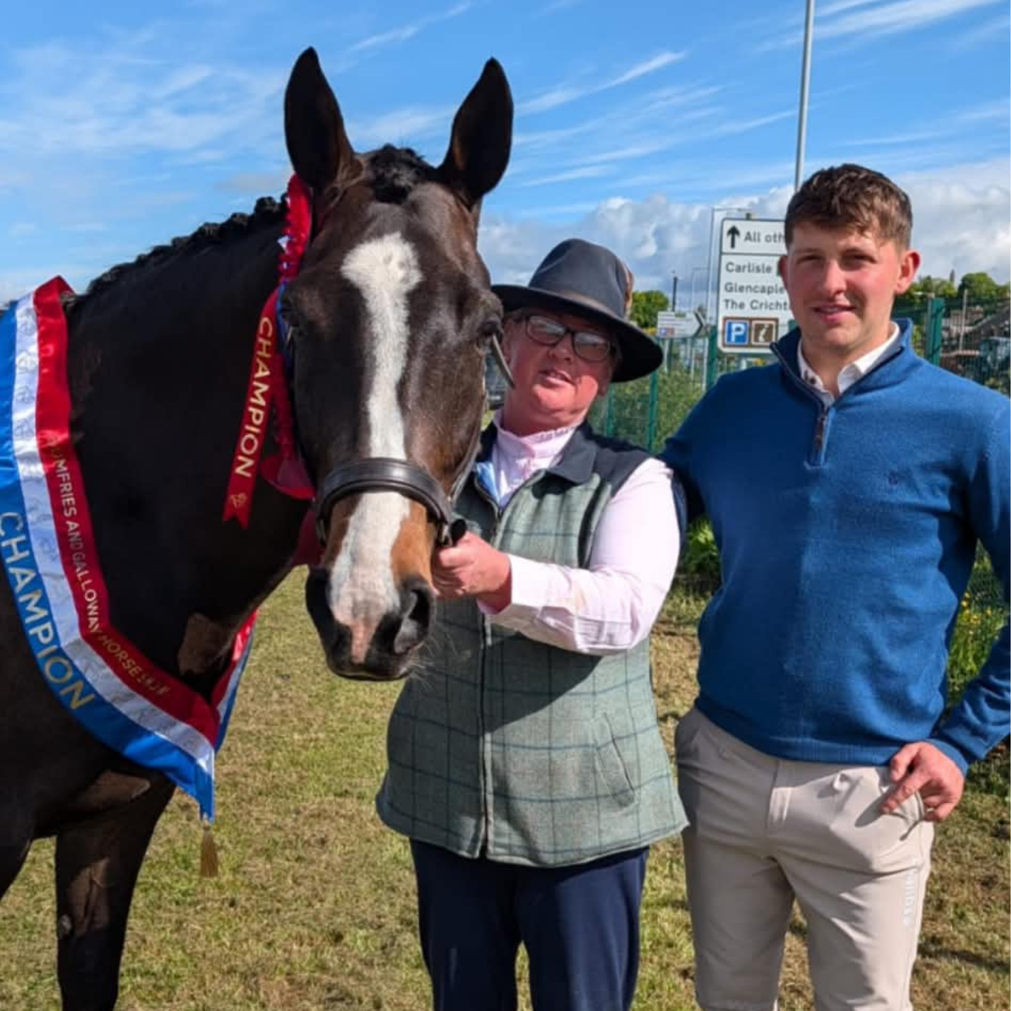 Thriving on Pro-Equine products, this image shows Expensive Decision winning champion ridden hunter, with owner Lorna Gilbert and producer Douglas Crawford at Dumfies show 2026.